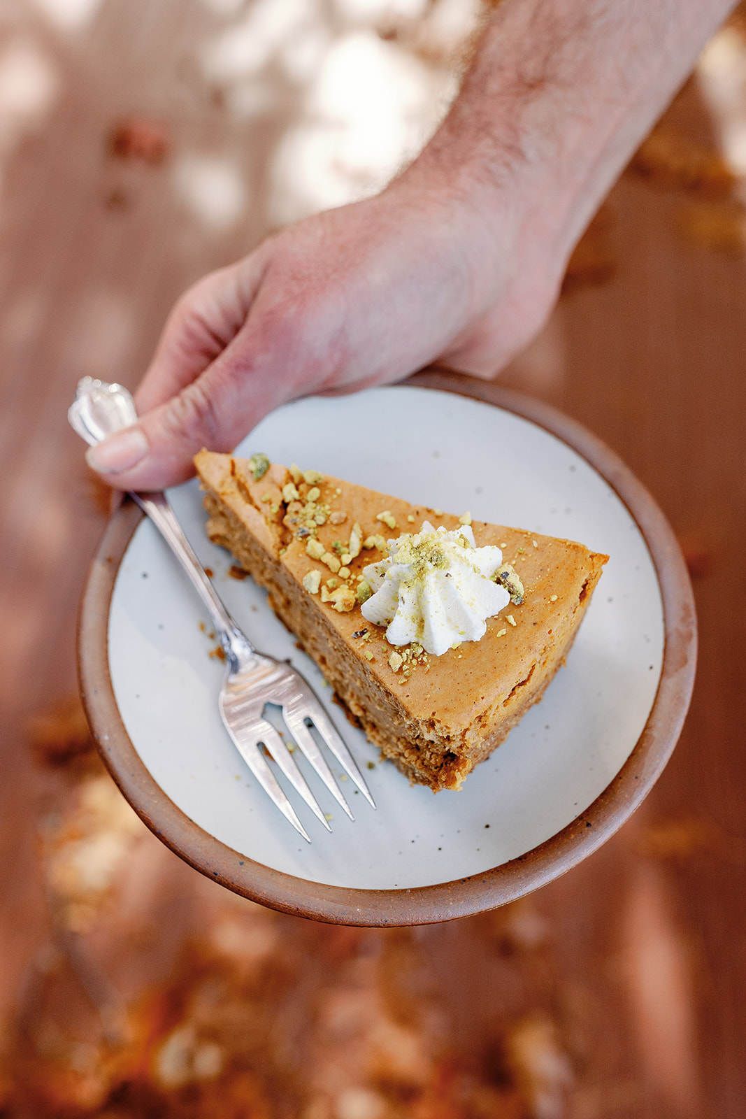 Pumpkin cheesecake with amaro whipped cream, toasted pistachio